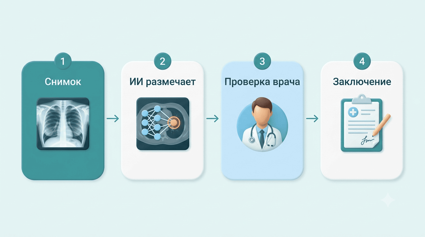 Схема из четырёх шагов: снимок, ИИ размечает, проверка врача, заключение