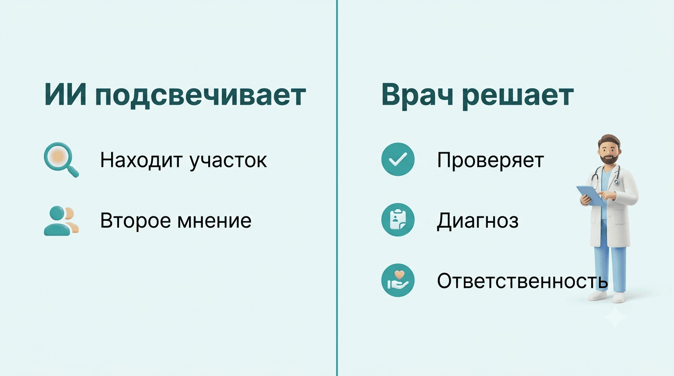 Сравнение: ИИ подсвечивает участки и даёт второе мнение, а врач проверяет, ставит диагноз и несёт ответственность