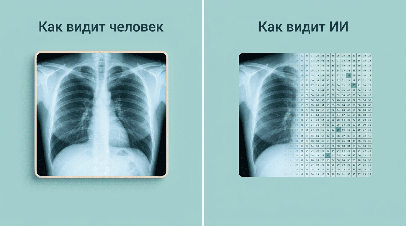Как человек и как ИИ видят один рентген: снимок против таблицы чисел