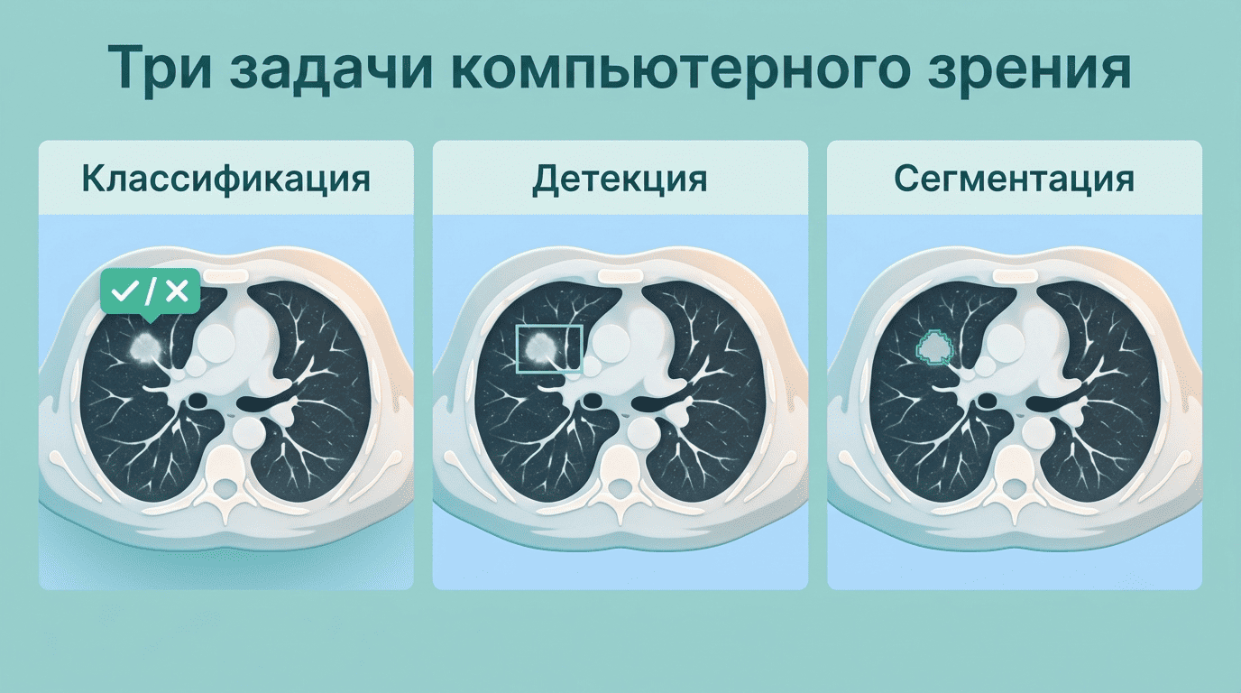 Три задачи компьютерного зрения на одном КТ: классификация, детекция, сегментация