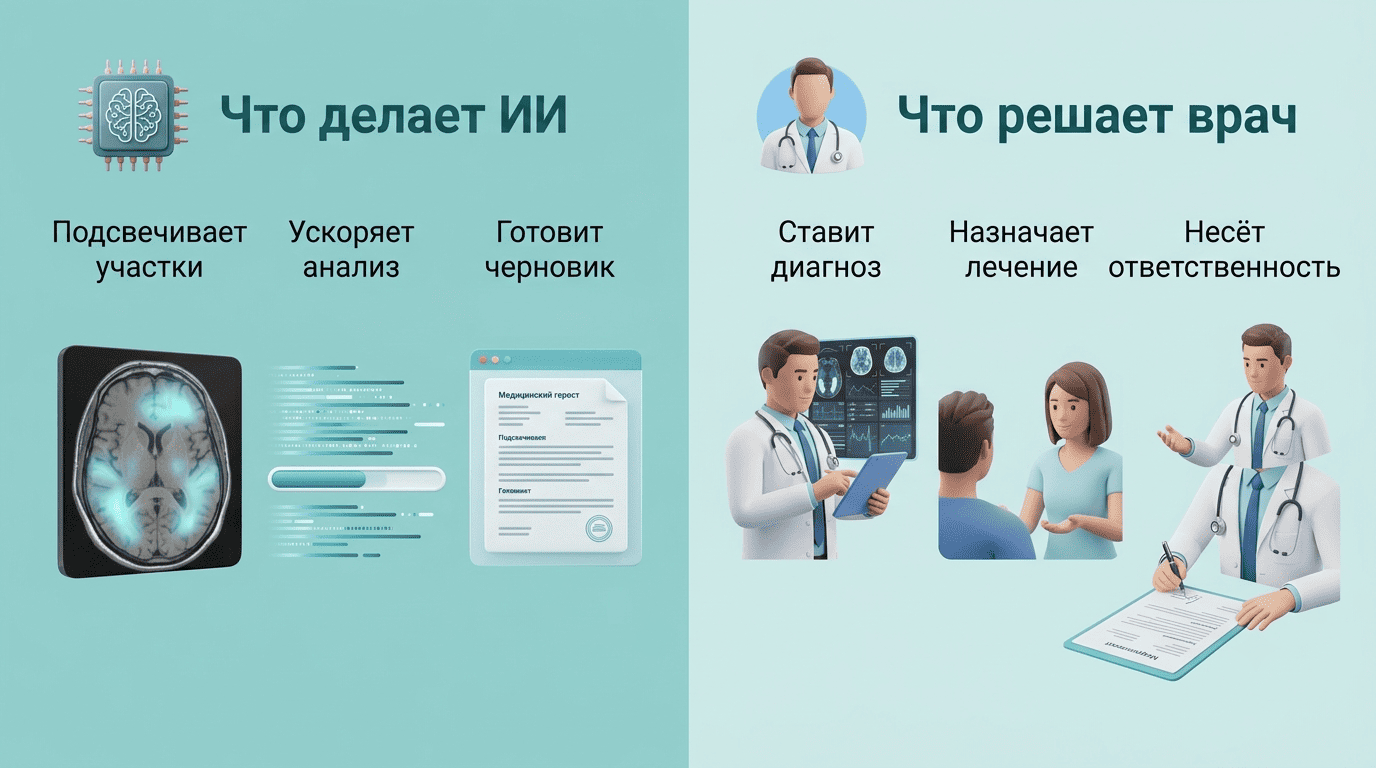 Разделение ролей: ИИ подсвечивает и ускоряет, врач ставит диагноз и отвечает