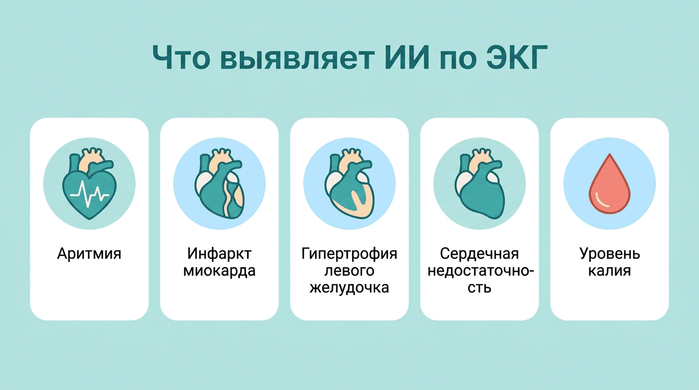 Инфографика: аритмия, инфаркт миокарда, гипертрофия левого желудочка, сердечная недостаточность и уровень калия