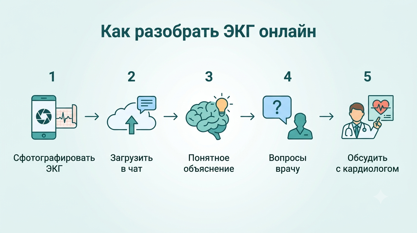 Схема из пяти шагов: сфотографировать ЭКГ, загрузить в чат, получить объяснение, вопросы врачу, обсудить с кардиологом