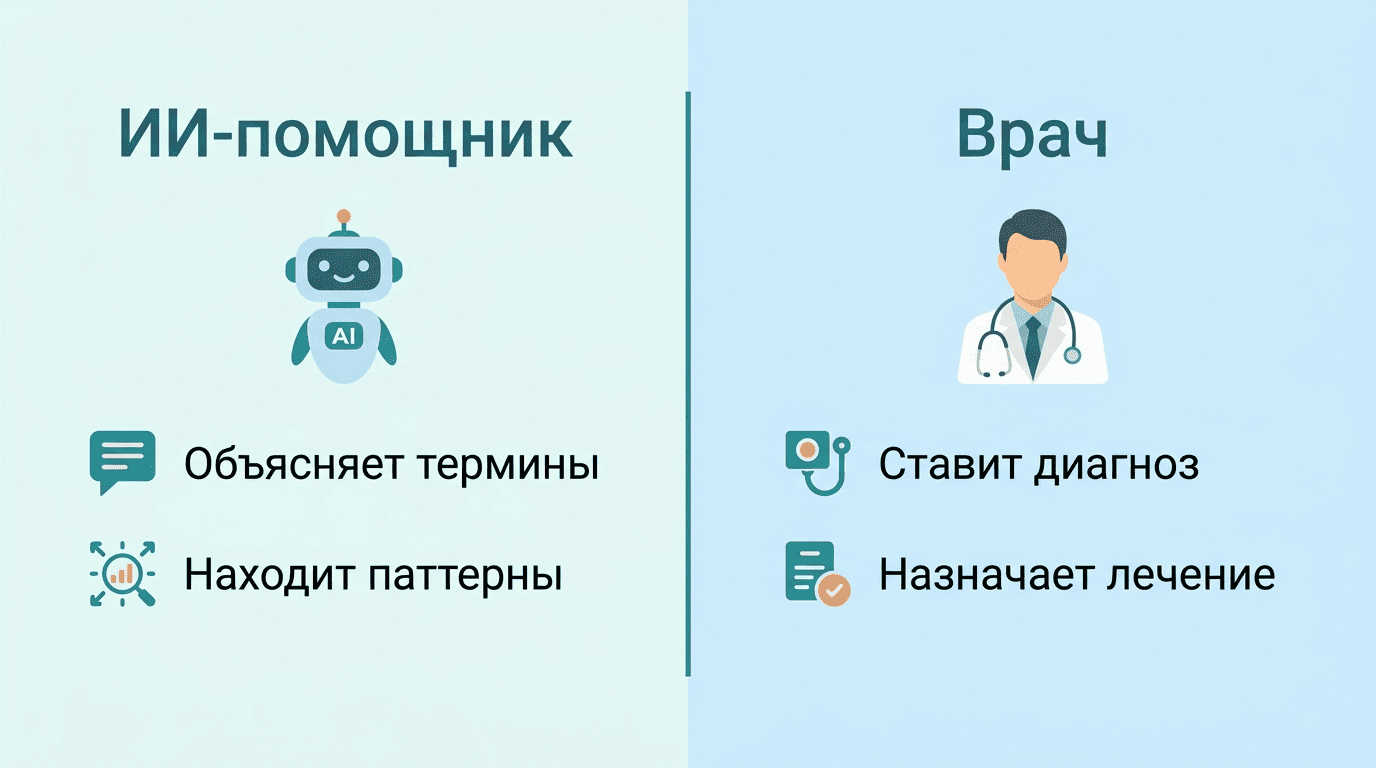 Сравнение: ИИ-помощник объясняет термины и находит паттерны, врач ставит диагноз и назначает лечение