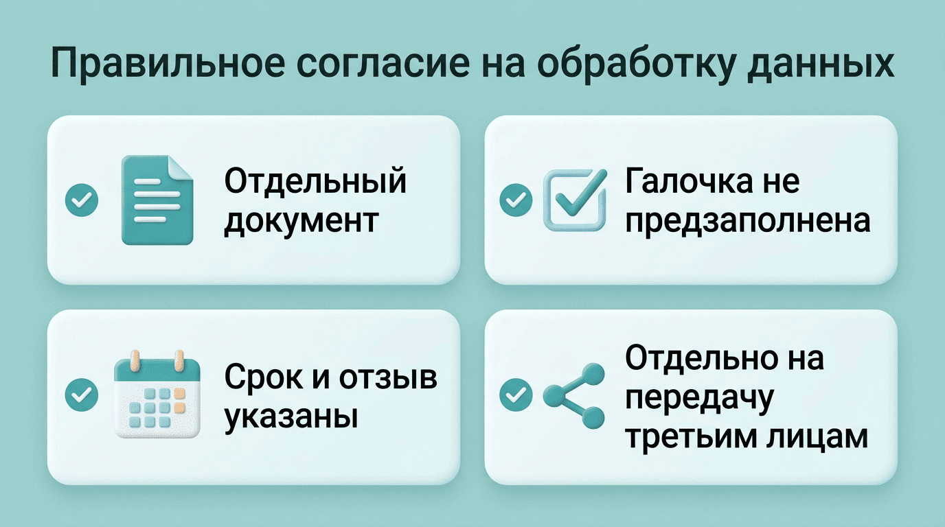Признаки правильного согласия: отдельный документ, чекбокс не предзаполнен, срок и отзыв, отдельно на передачу