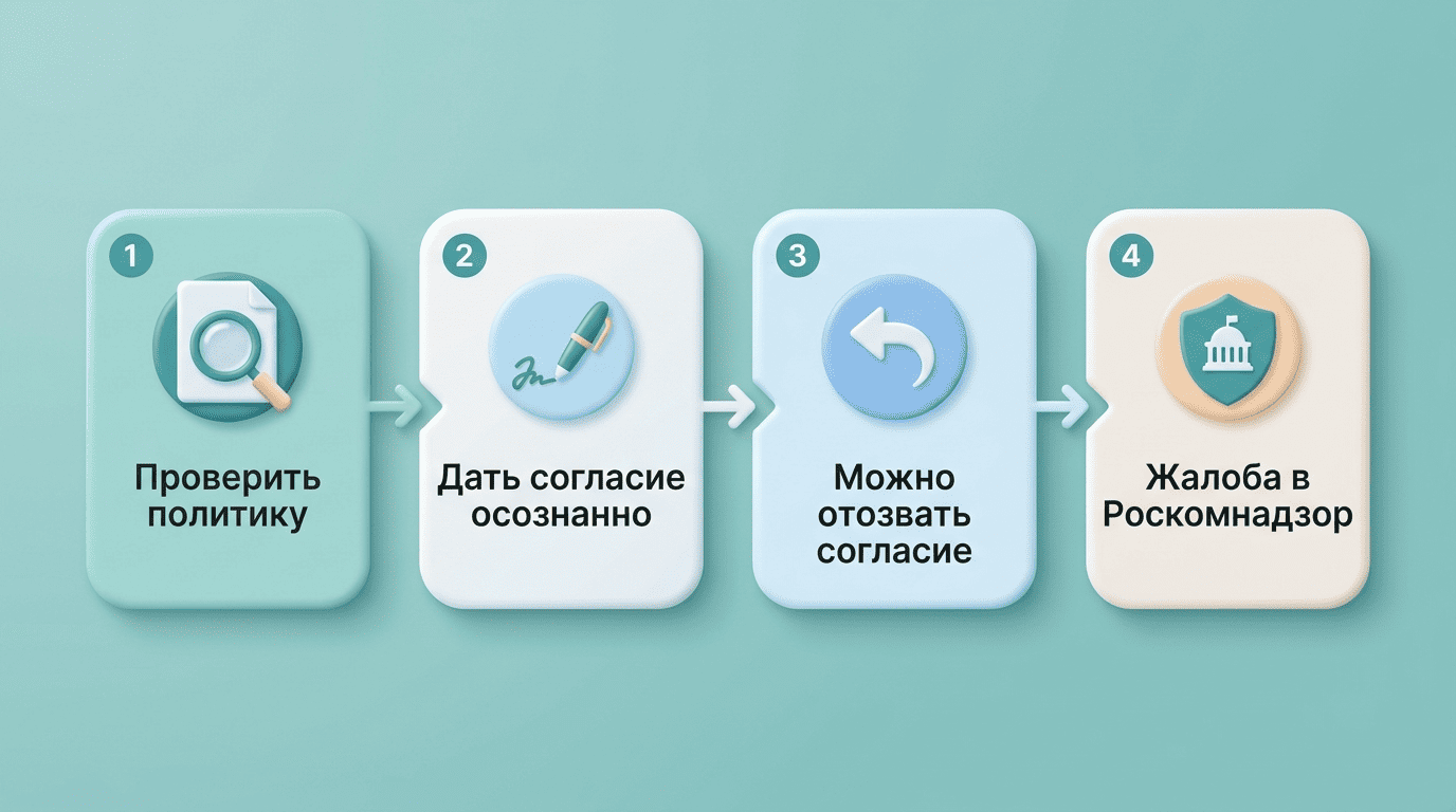 Шаги пациента: проверить политику, дать согласие осознанно, отозвать согласие, жалоба в Роскомнадзор