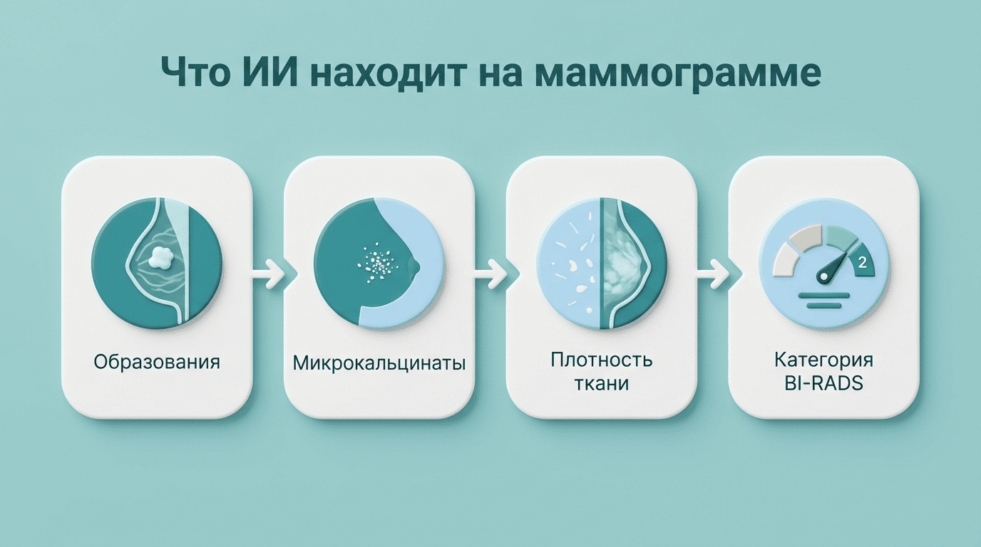 Что ИИ находит на маммограмме: образования, микрокальцинаты, плотность, категория BI-RADS