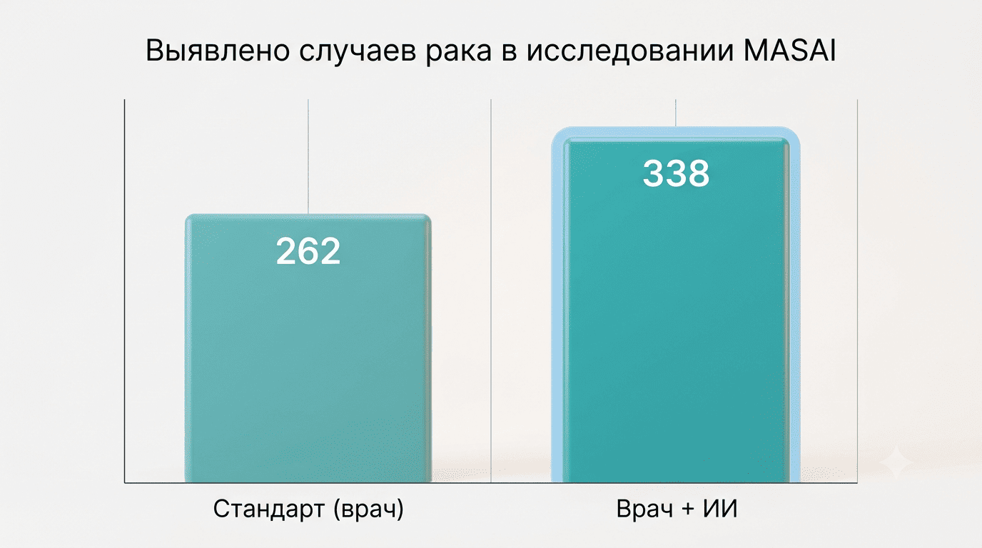 Диаграмма MASAI: выявлено 262 случая рака стандартом и 338 в связке врач плюс ИИ