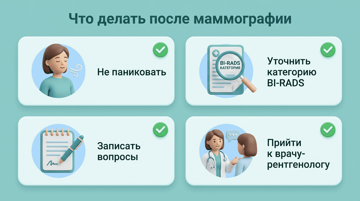 Что делать после маммографии: не паниковать, уточнить BI-RADS, записать вопросы, прийти к врачу