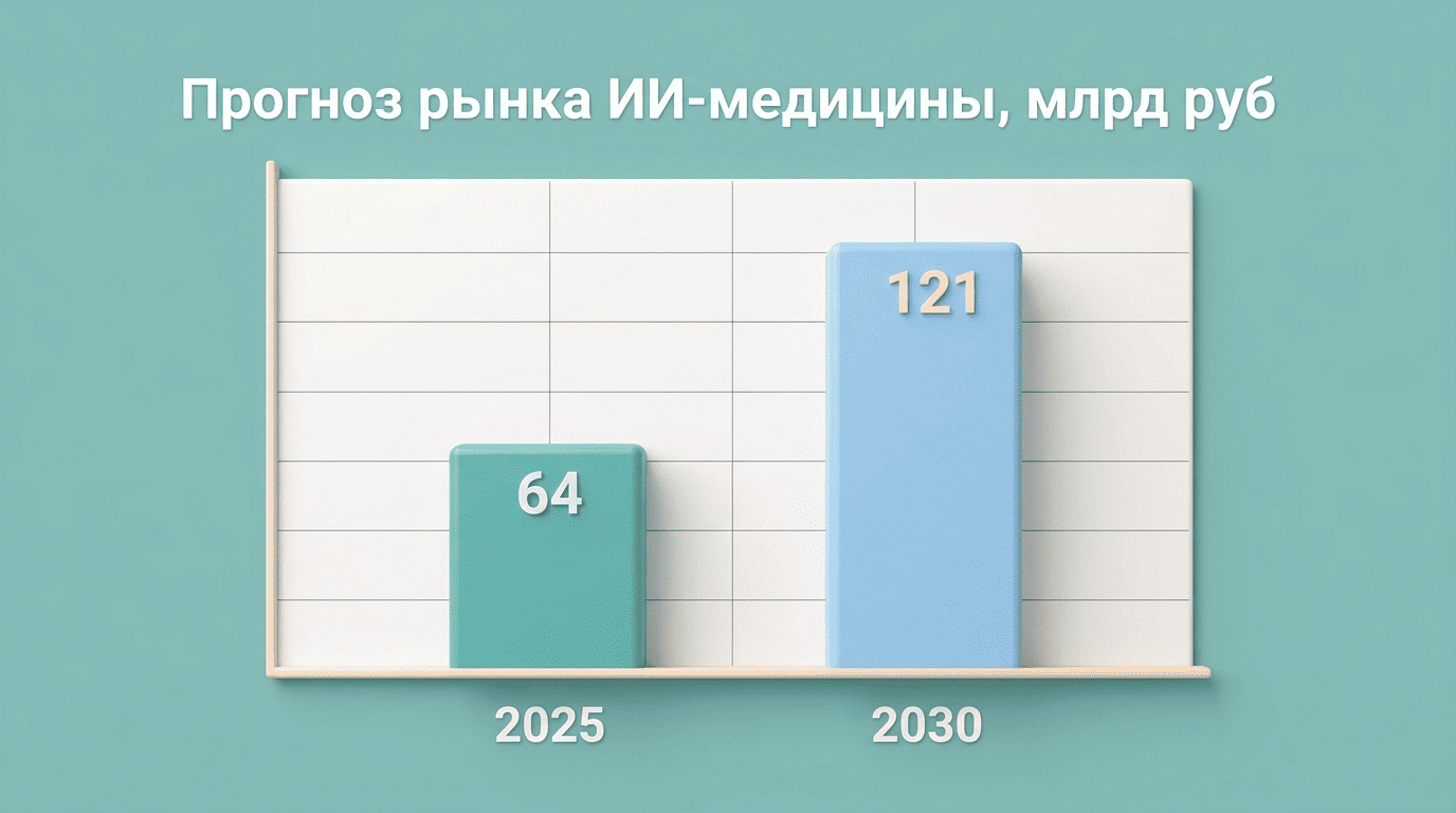 График прогноза рынка ИИ-медицины: 64 млрд руб в 2025 и 121 млрд к 2030
