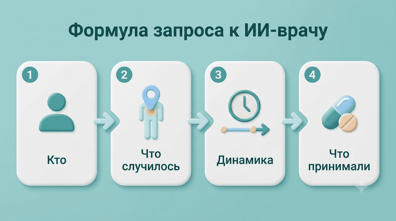 Формула запроса к ИИ-врачу: кто, что случилось, динамика, что принимали