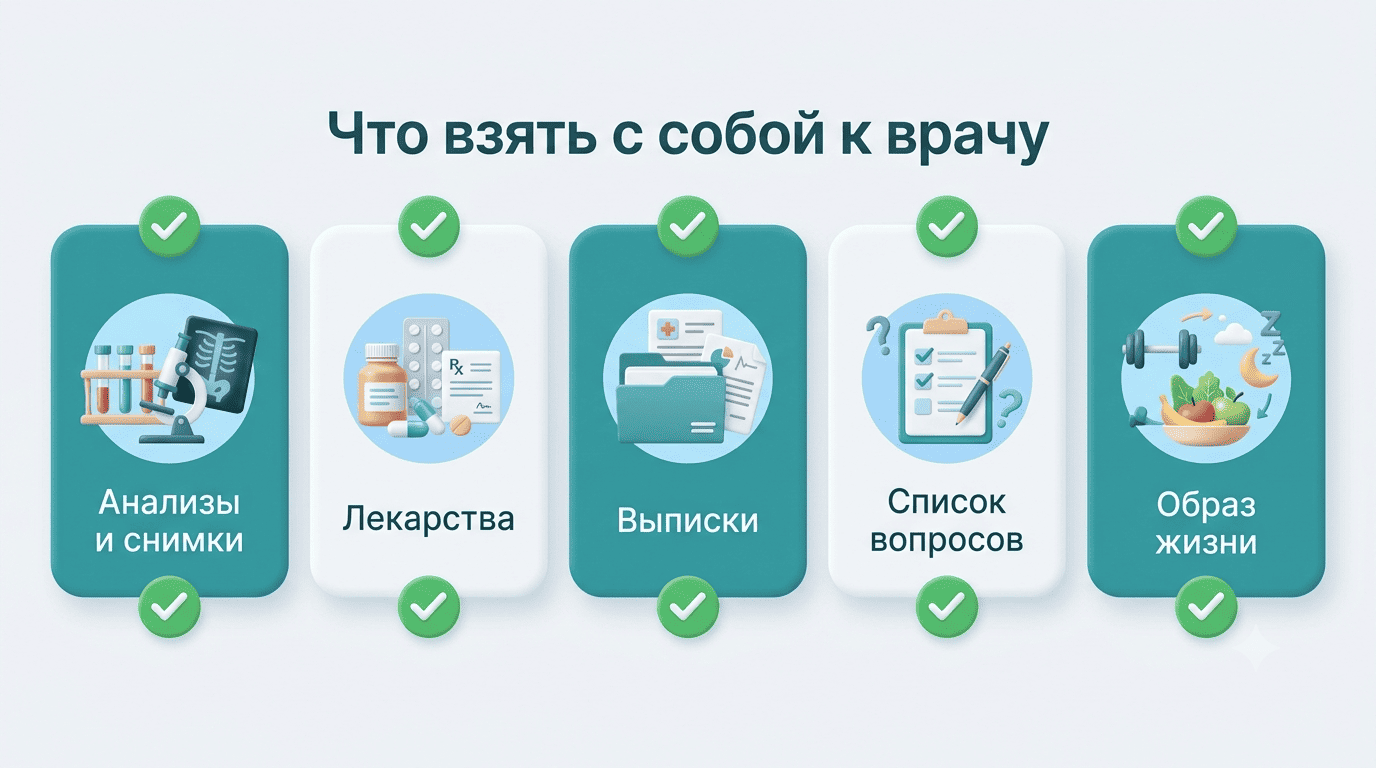 Чек-лист: анализы, лекарства, выписки, список вопросов, образ жизни