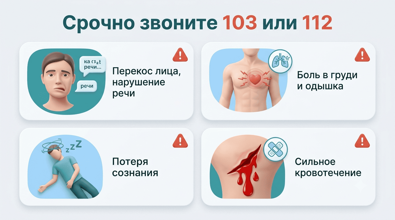 Красные флаги: перекос лица, боль в груди, потеря сознания, кровотечение — звоните 103 или 112