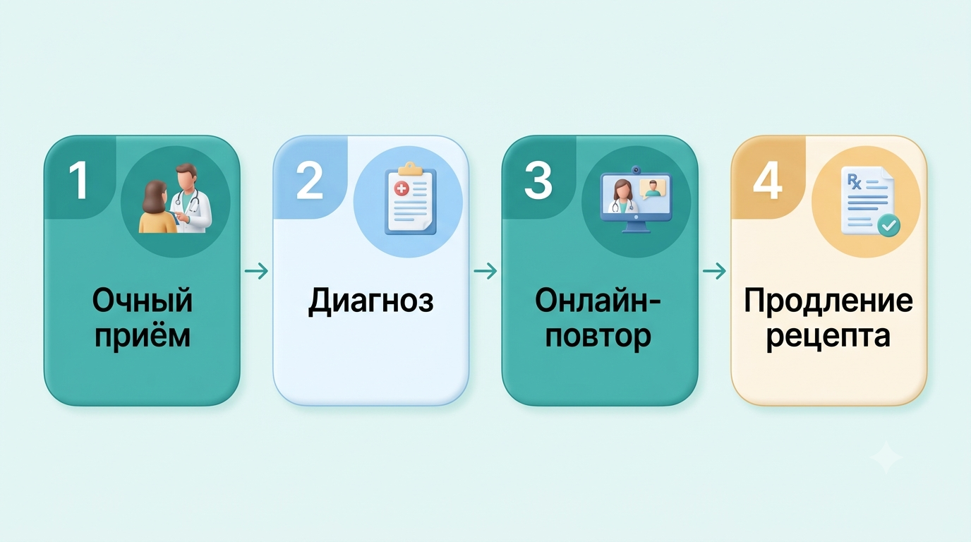 Схема из четырёх шагов: очный приём, диагноз, онлайн-повтор, продление рецепта