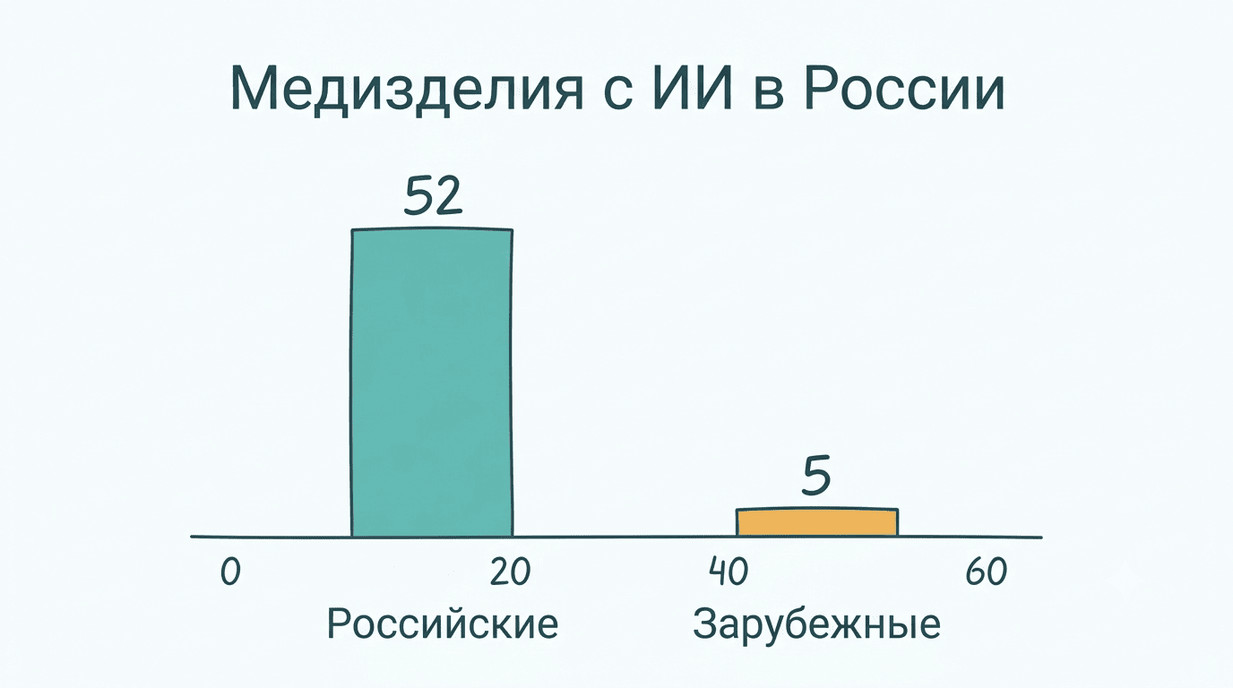 Столбчатая диаграмма: 52 российских и 5 зарубежных медизделий с ИИ, зарегистрированных в России