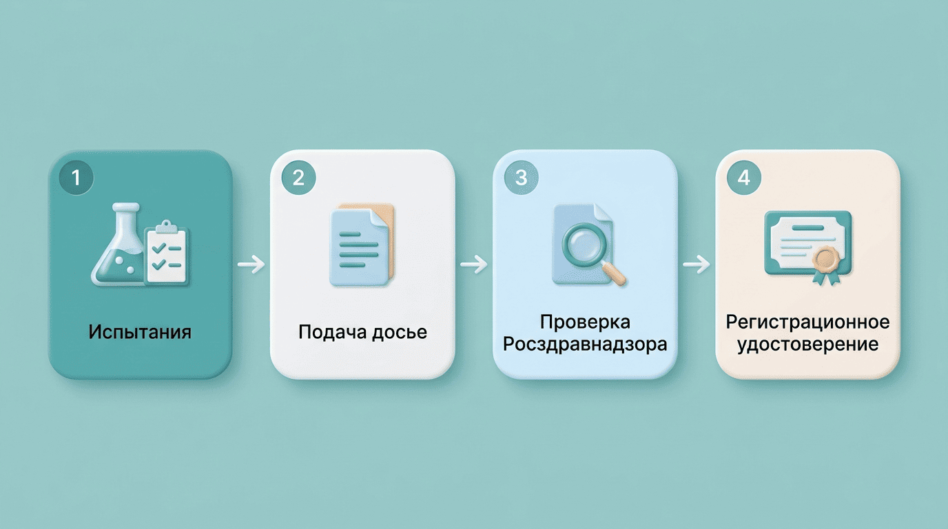 Этапы регистрации медизделия с ИИ: испытания, подача досье, проверка, регистрационное удостоверение