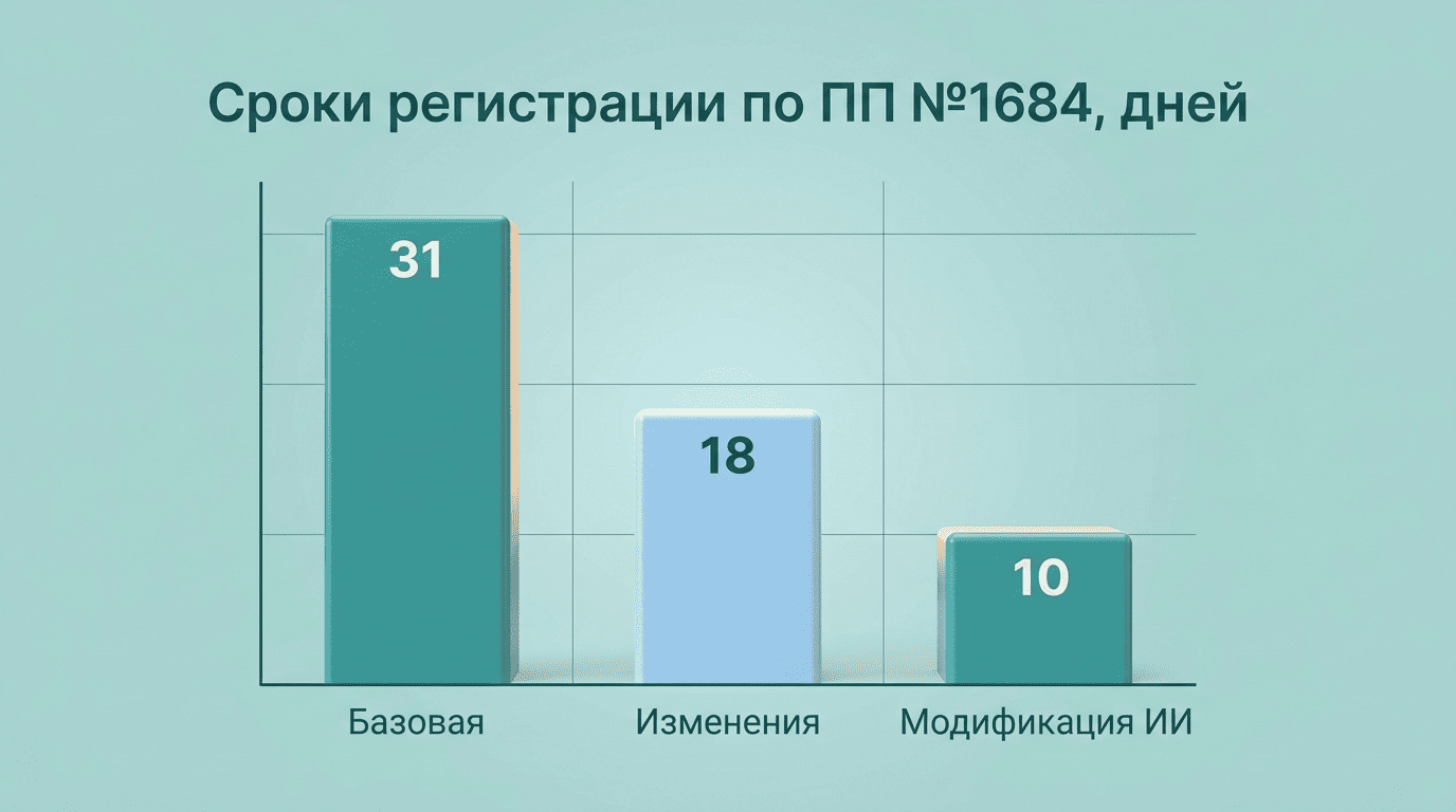 График сроков регистрации по ПП №1684: базовая 31 день, изменения 18, модификация ИИ 10
