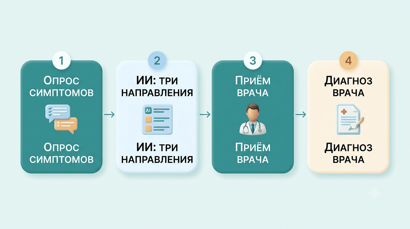 Схема из четырёх шагов: опрос симптомов, три направления от ИИ, приём врача, диагноз врача