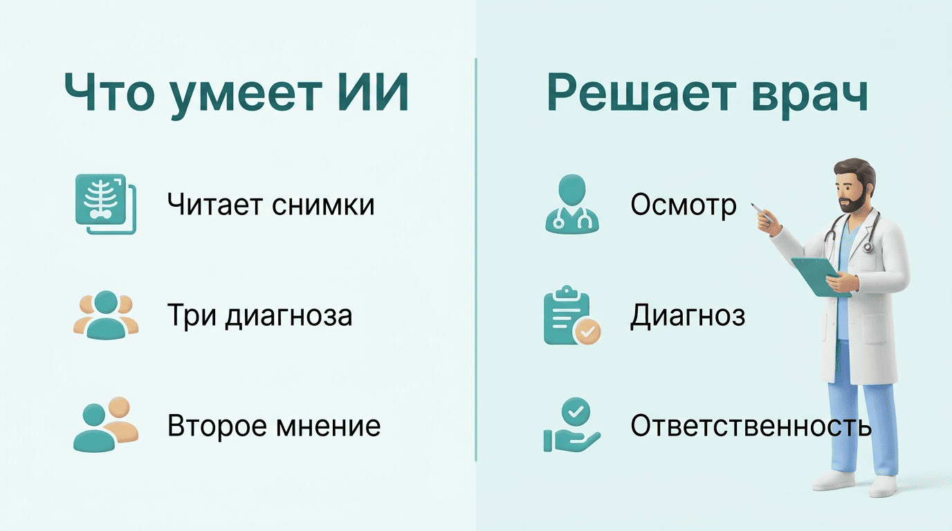 Сравнение: что умеет ИИ (читает снимки, три диагноза, второе мнение) и что решает врач (осмотр, диагноз, ответственность)