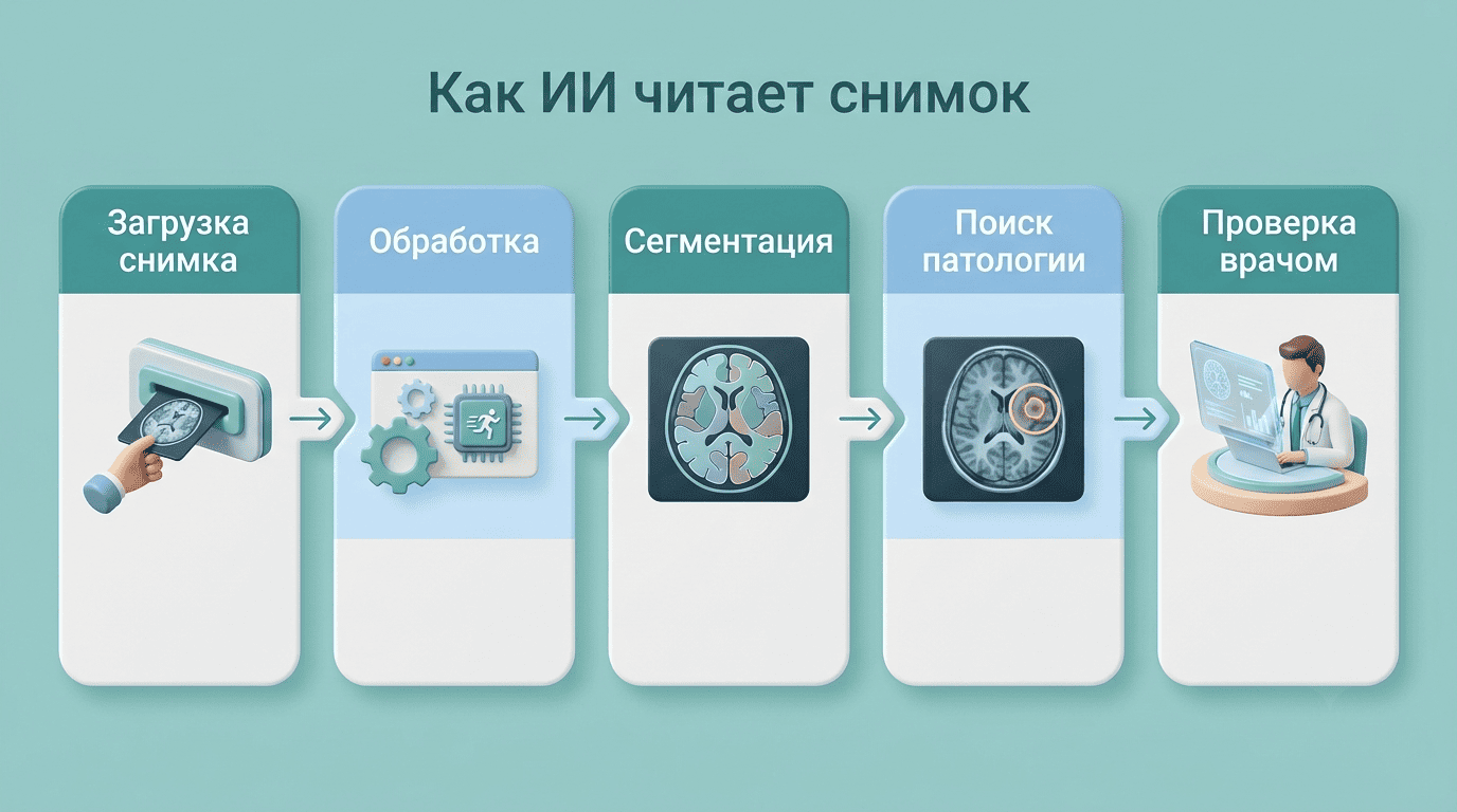 Схема: как ИИ читает снимок от загрузки до проверки врачом