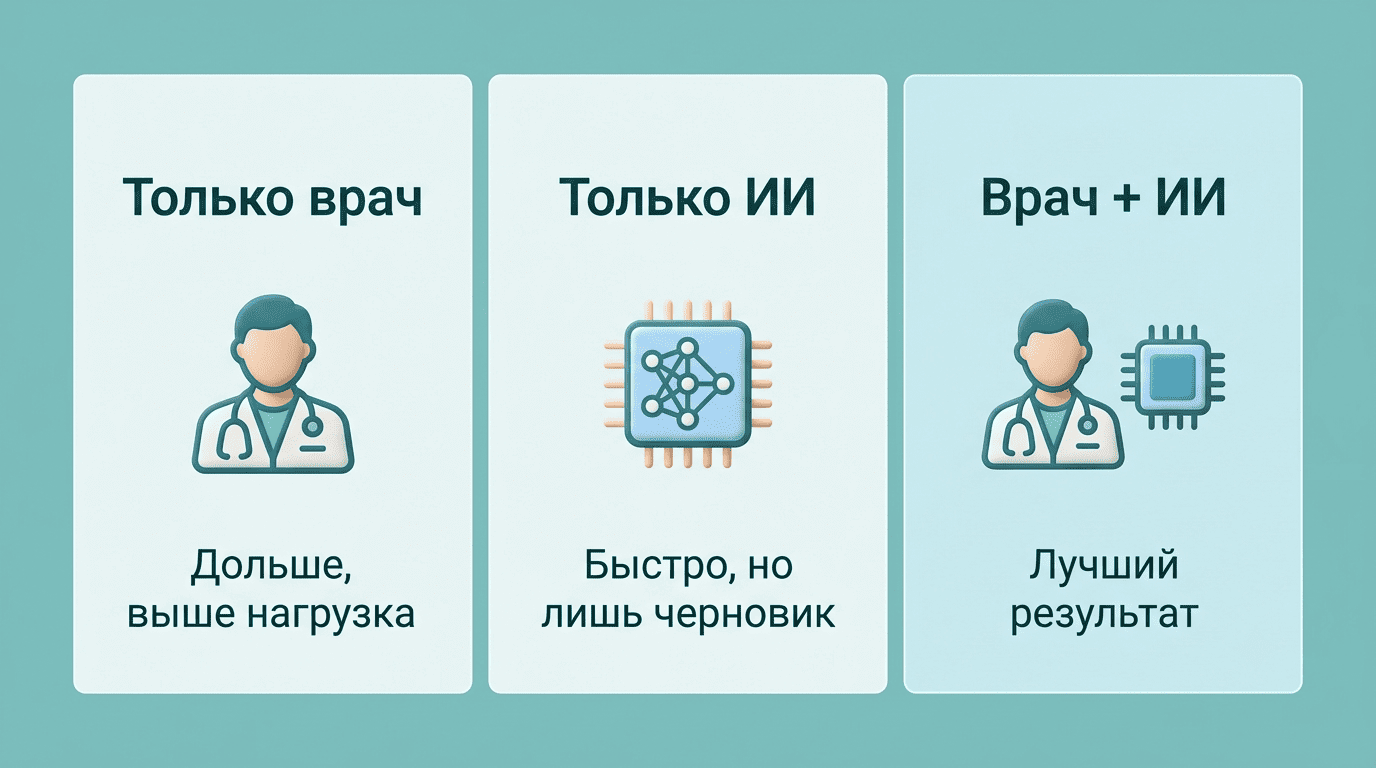 Сравнение: только врач, только ИИ, врач плюс ИИ