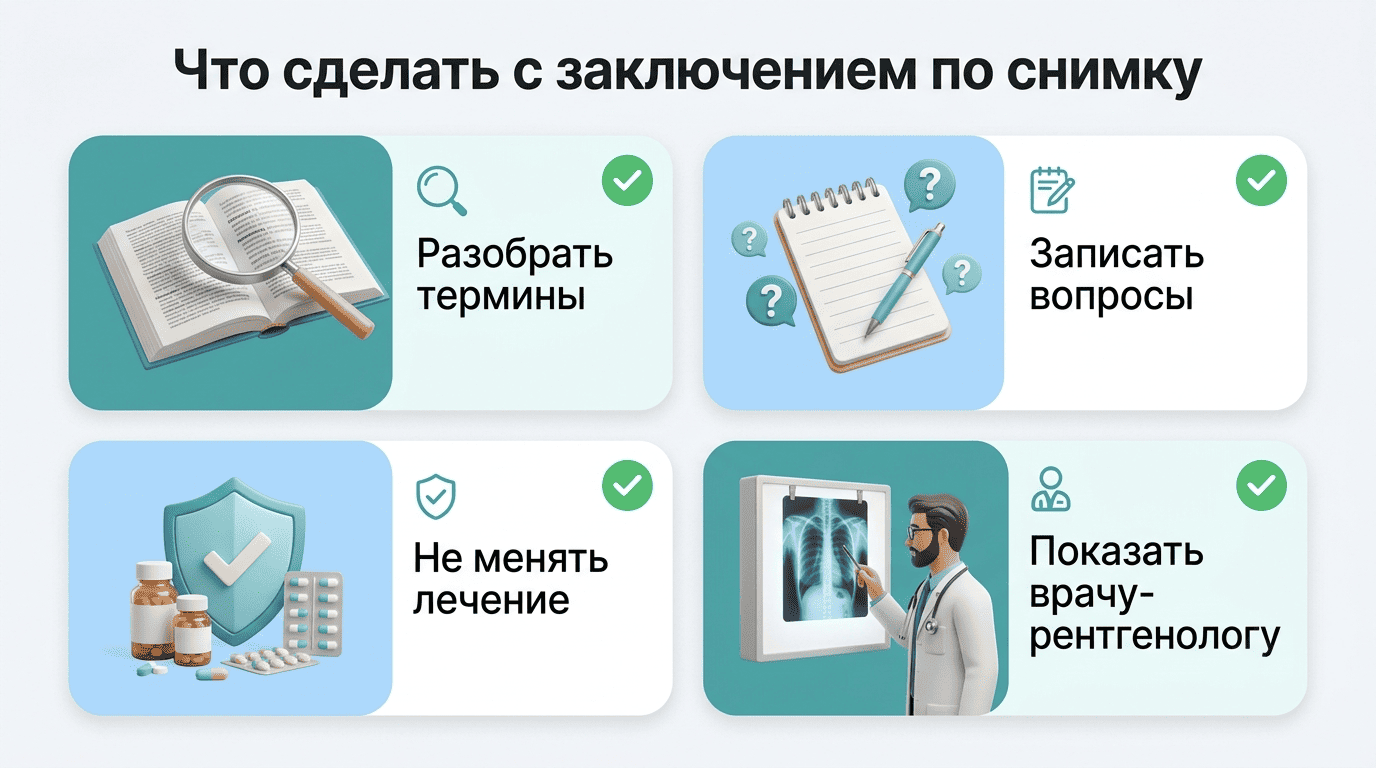 Что сделать с заключением: разобрать термины, записать вопросы, не менять лечение, показать врачу