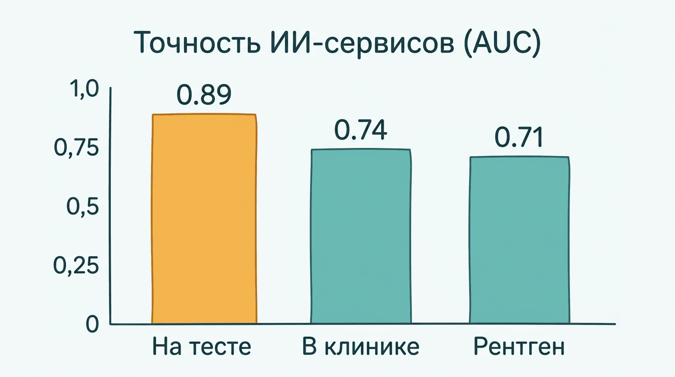 Столбчатая диаграмма AUC: 0,89 на тесте, 0,74 в клинике, 0,71 для рентгена