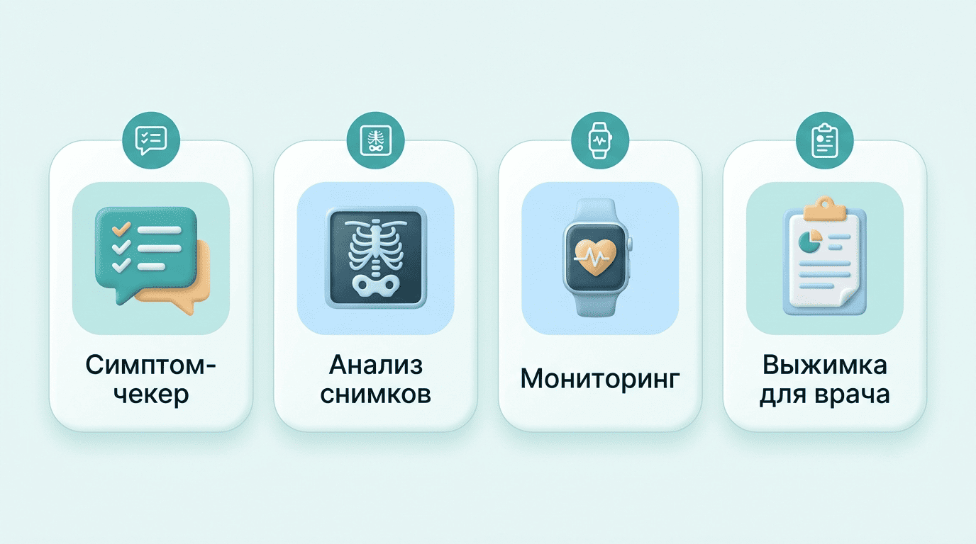 Четыре сценария ИИ в телемедицине: симптом-чекер, анализ снимков, мониторинг, выжимка для врача