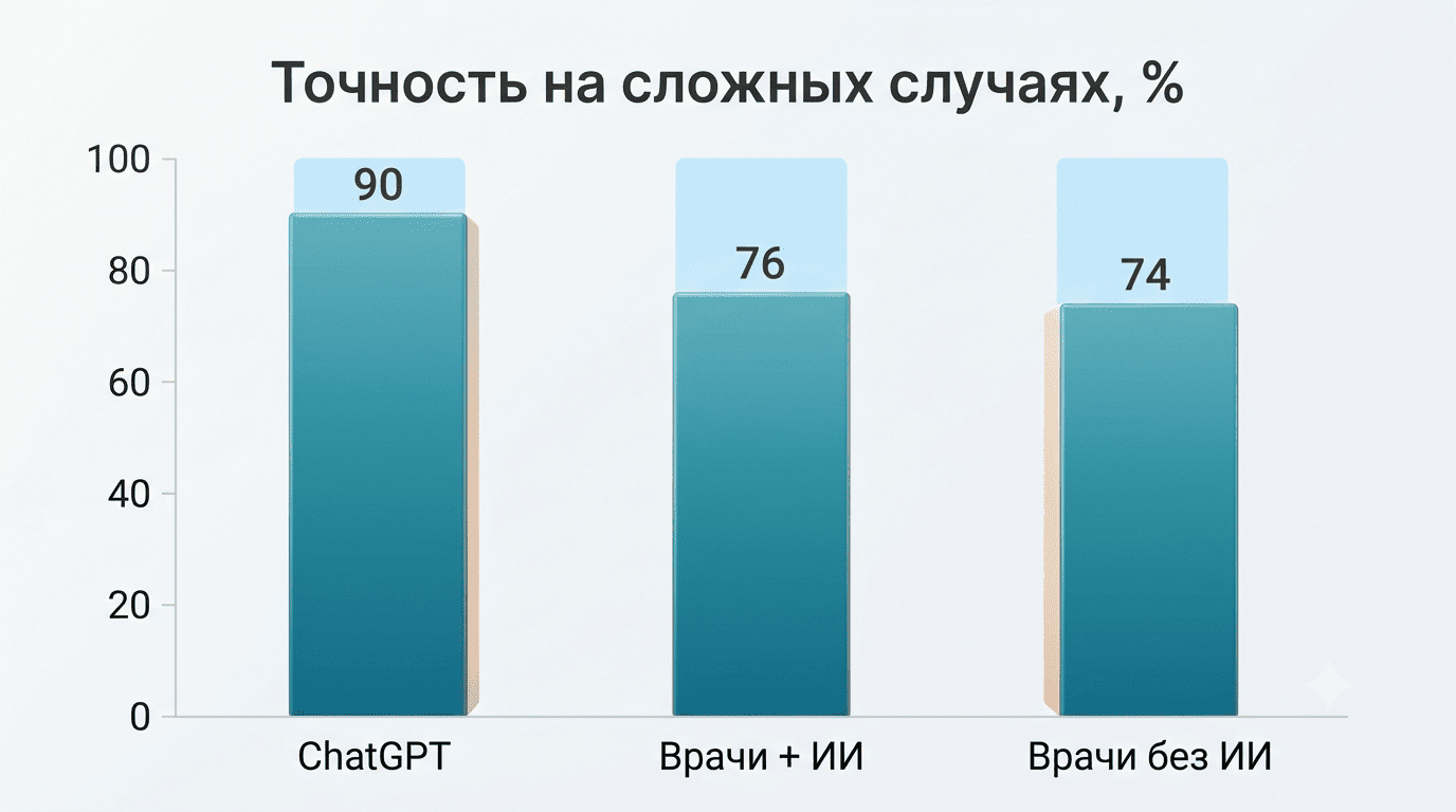 Столбчатая диаграмма точности: ChatGPT 90%, врачи с ИИ 76%, врачи без ИИ 74%