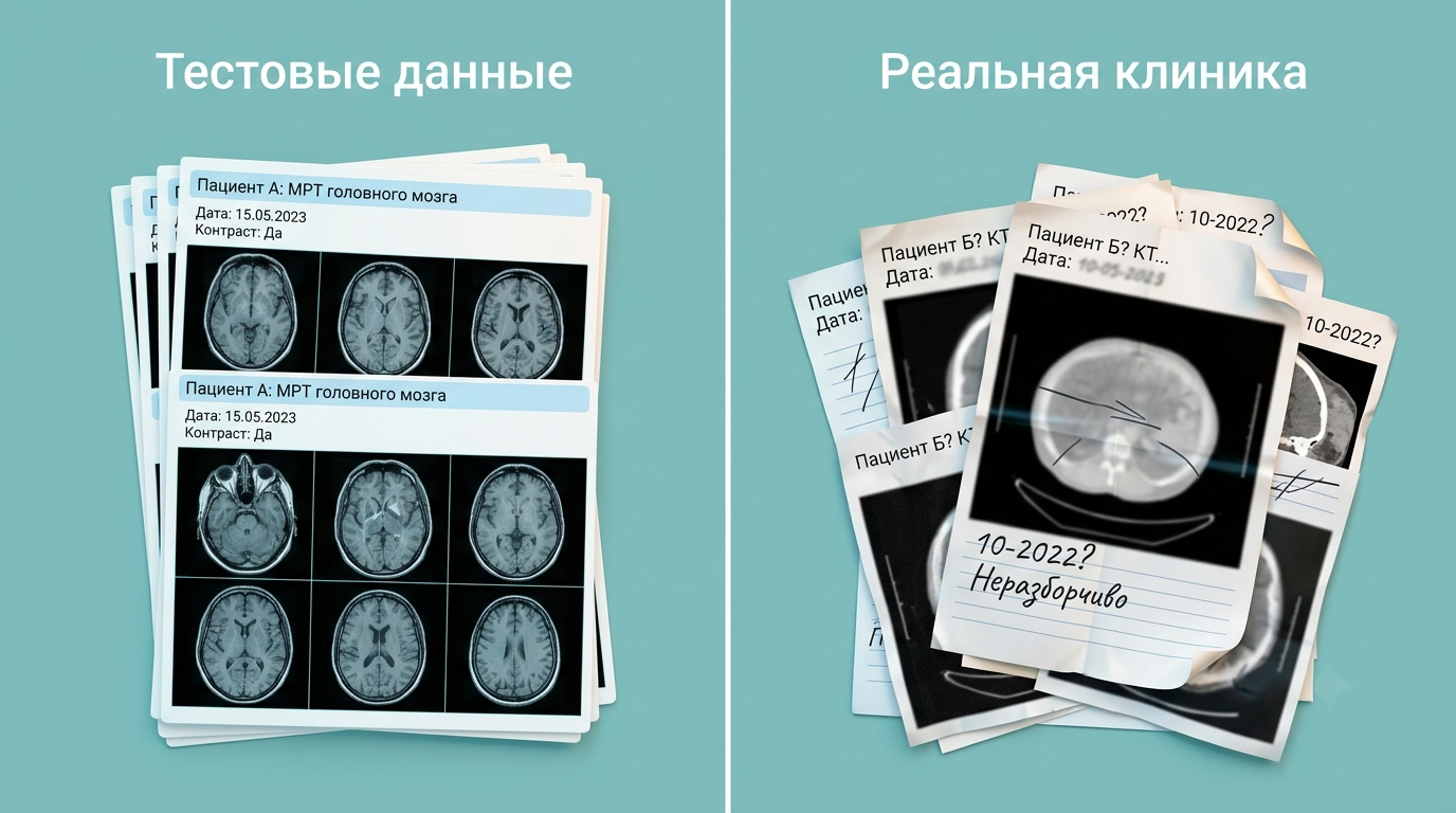 Сравнение аккуратных тестовых снимков и хаотичных реальных медкарт