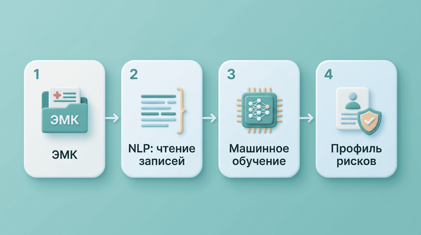 Схема работы Webiomed: ЭМК, NLP, машинное обучение, профиль рисков