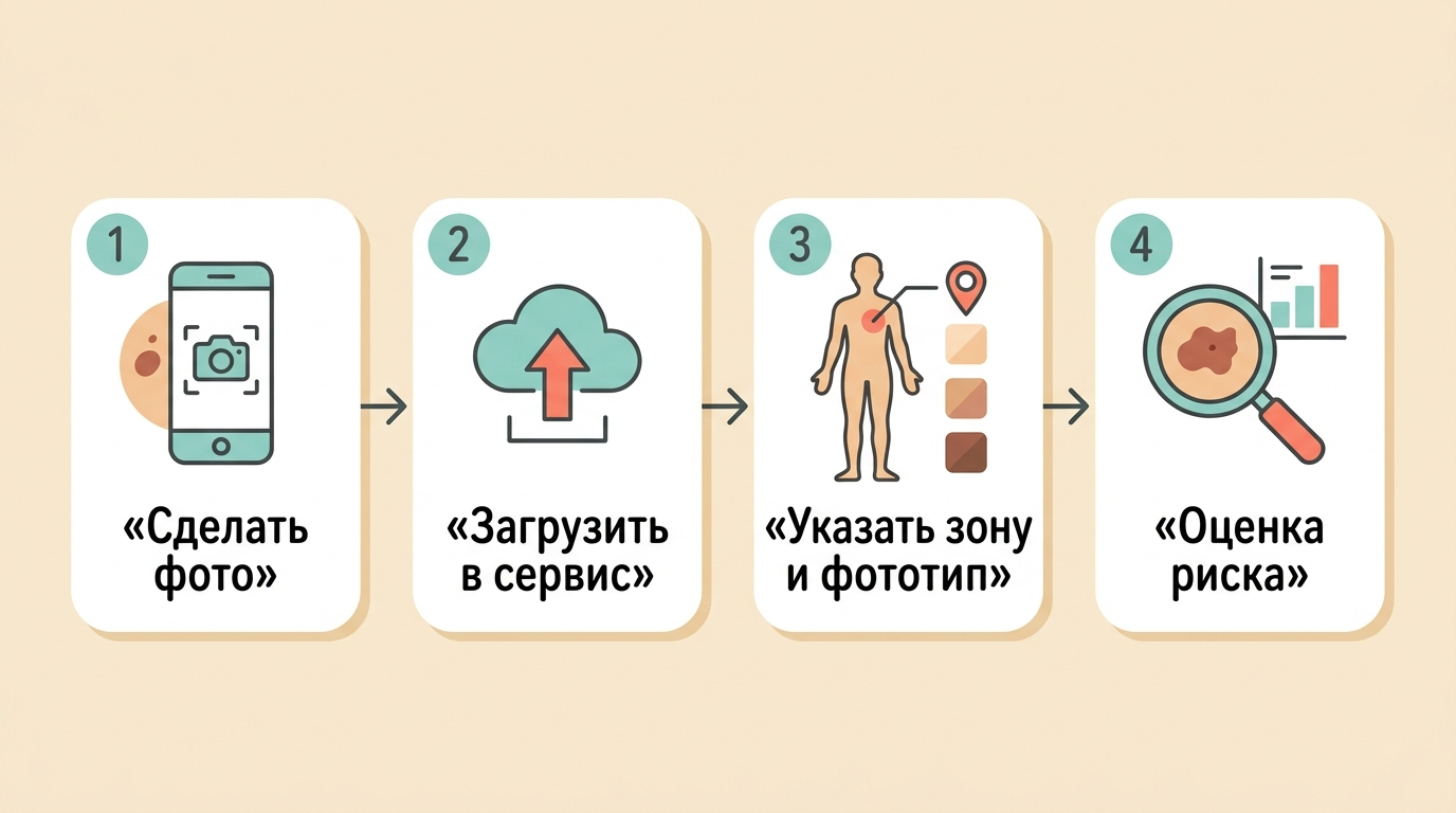 Четыре шага проверки родинки по фото: сделать фото, загрузить в сервис, указать зону и фототип, получить оценку риска