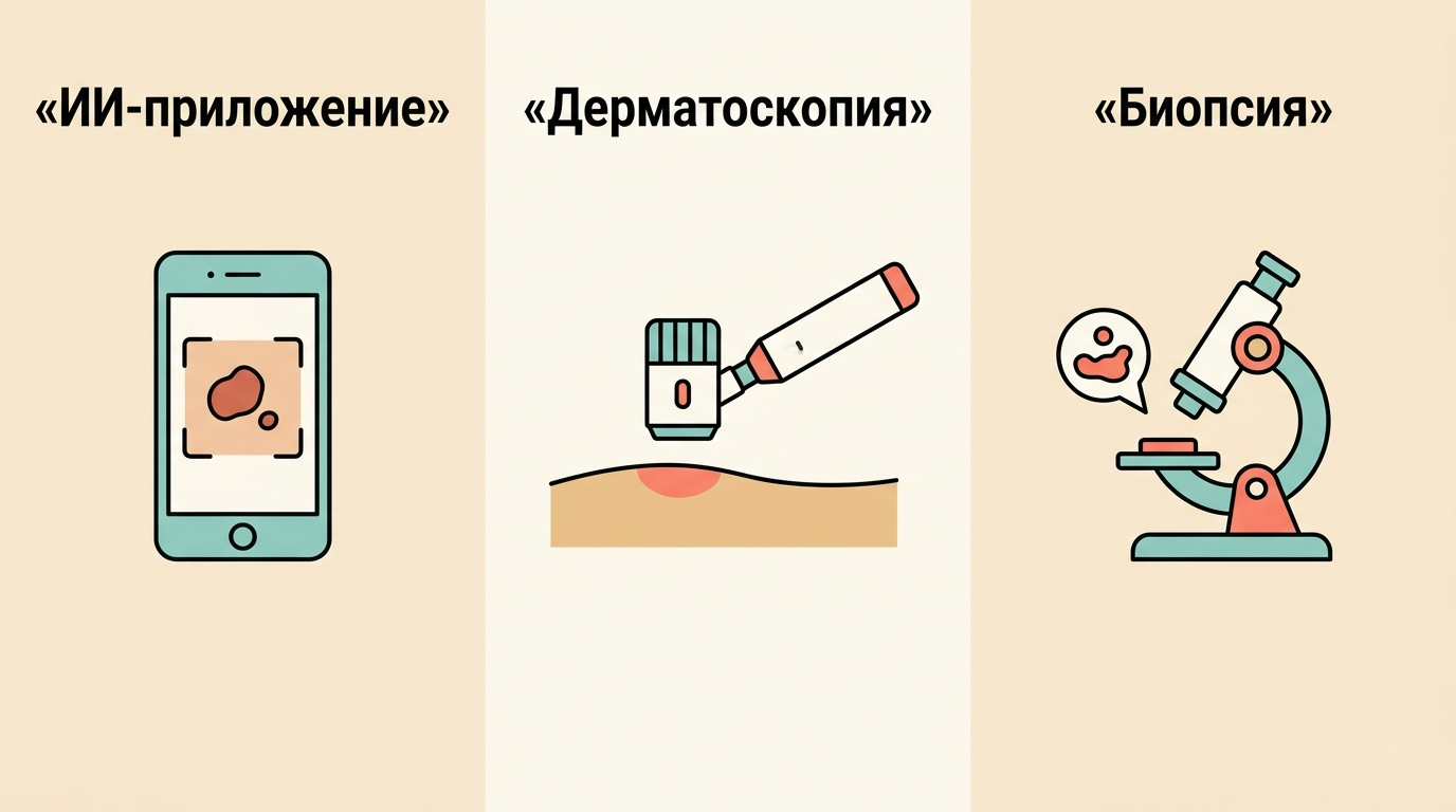Три уровня диагностики: ИИ-приложение по фото, дерматоскопия у врача, биопсия с гистологией