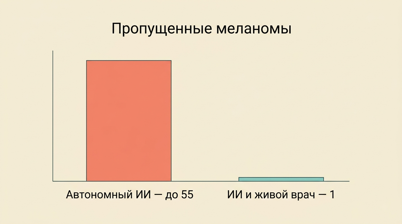 Столбчатый график: автономный ИИ пропустил до 55 меланом, связка ИИ и живого врача — только одну