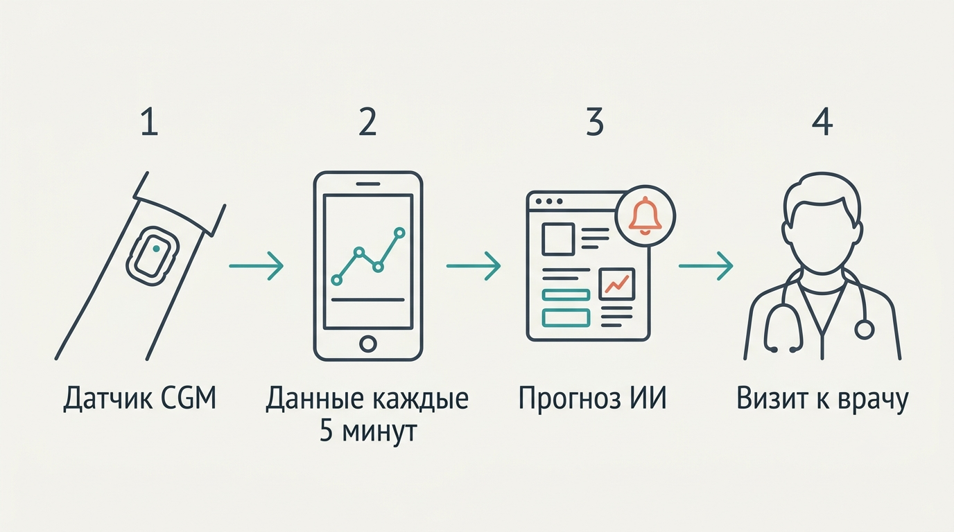 Схема: как ИИ-врач помогает диабетику контролировать сахар — от датчика CGM до визита к эндокринологу