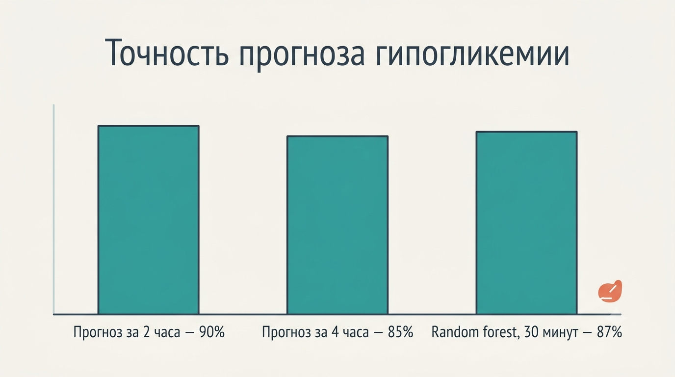 График точности прогноза гипогликемии: 90% на 2 часа, 85% на 4 часа, 87% для random forest на 30 минут