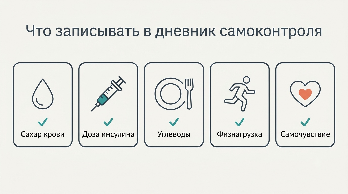 Чеклист: что записывать в дневник самоконтроля — сахар, доза инсулина, углеводы, физнагрузка, самочувствие