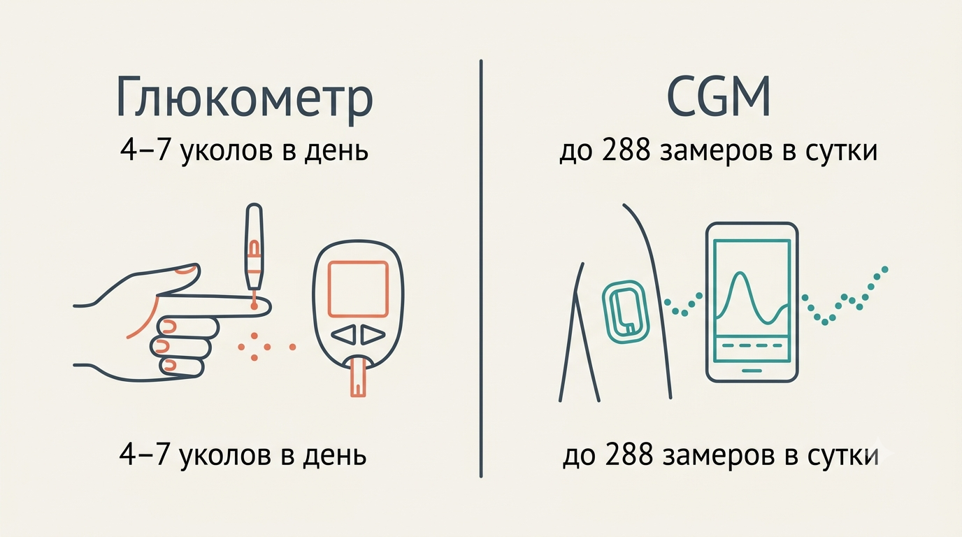 Сравнение: глюкометр (4–7 уколов в день) против CGM (до 288 замеров в сутки)
