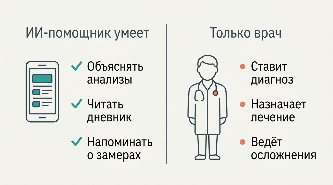 Сравнение зон ответственности: что умеет ИИ-помощник и что остаётся только за врачом