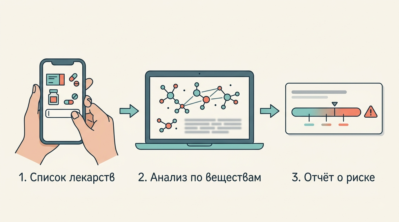 Схема из трёх шагов: список лекарств, анализ по действующим веществам, отчёт о риске