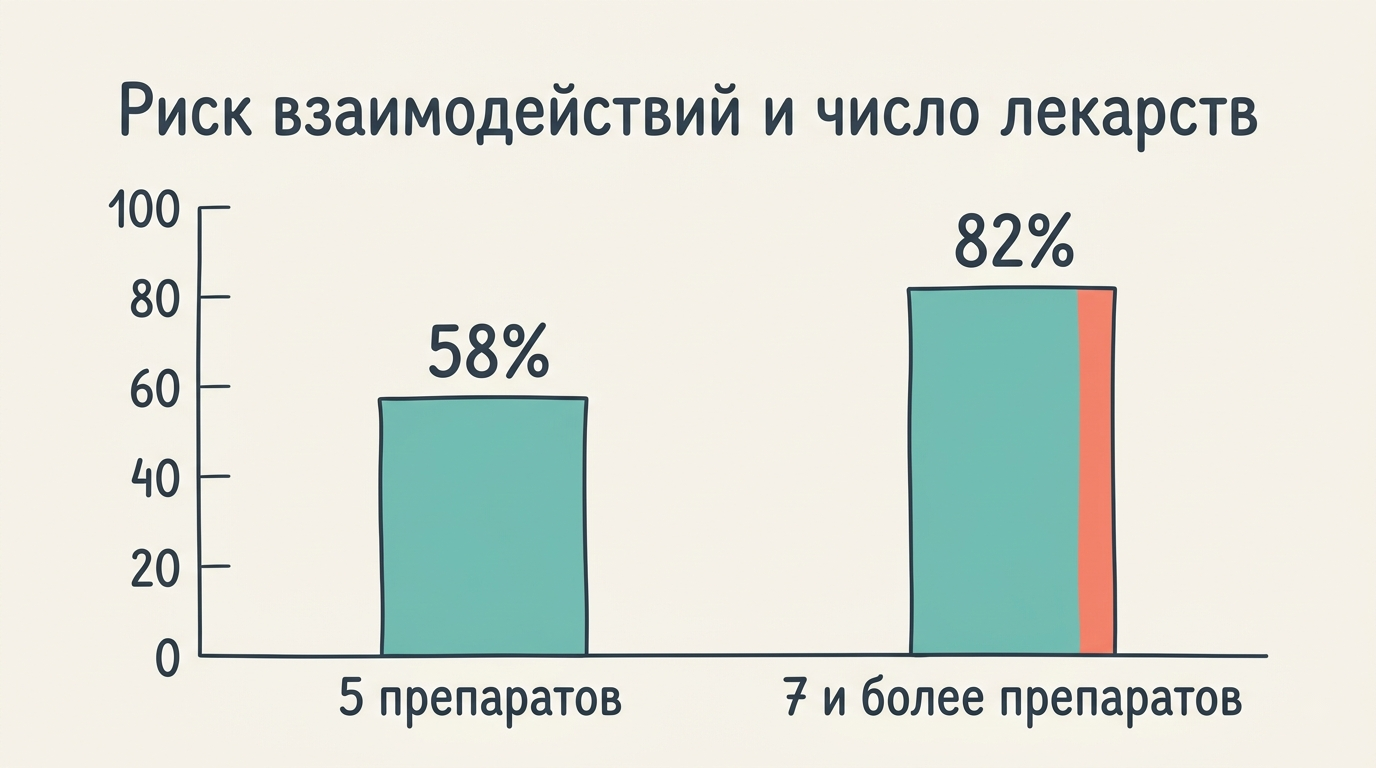 Столбчатая диаграмма: риск лекарственных взаимодействий при 5 и при 7+ препаратах