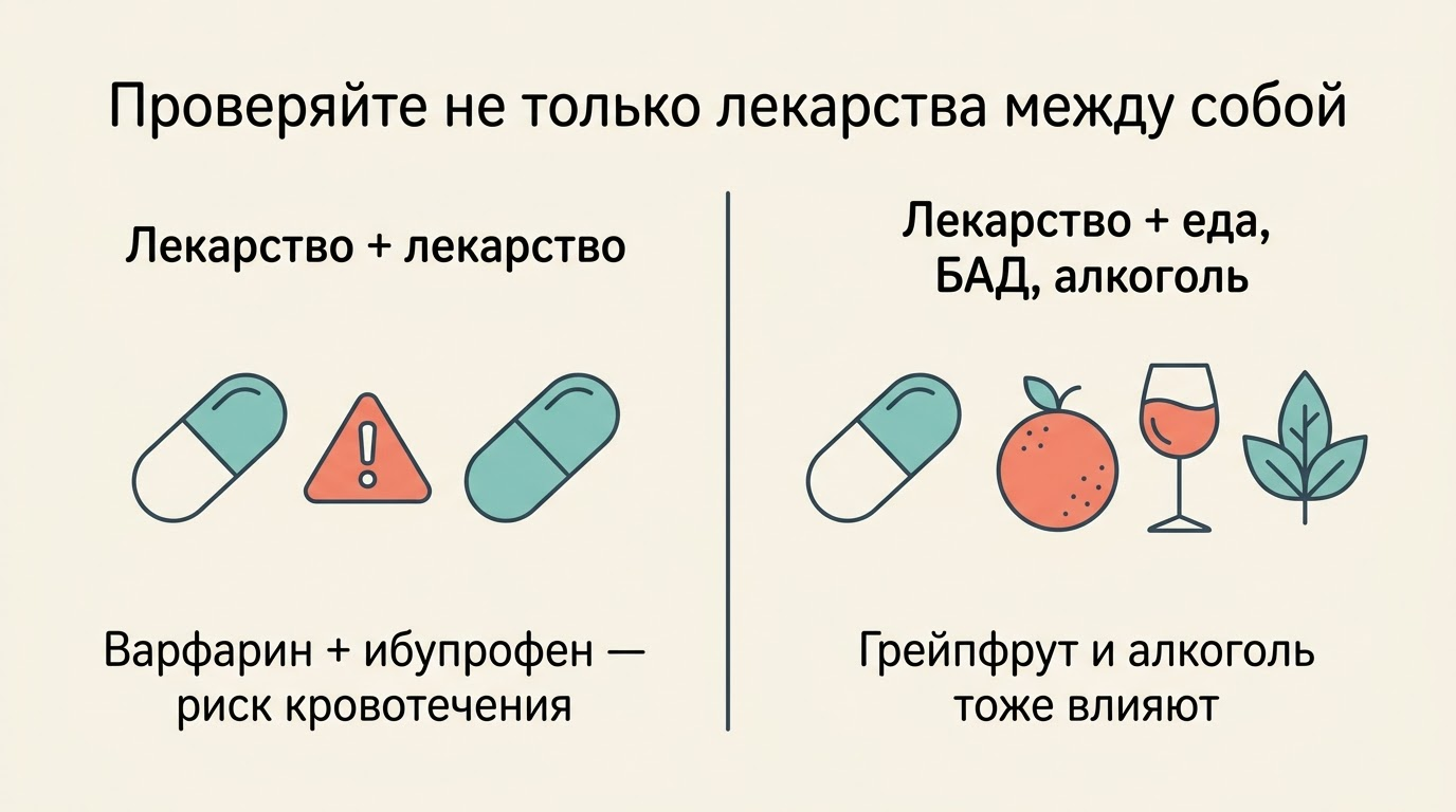 Сравнение: взаимодействия лекарство+лекарство и лекарство+еда, БАД, алкоголь