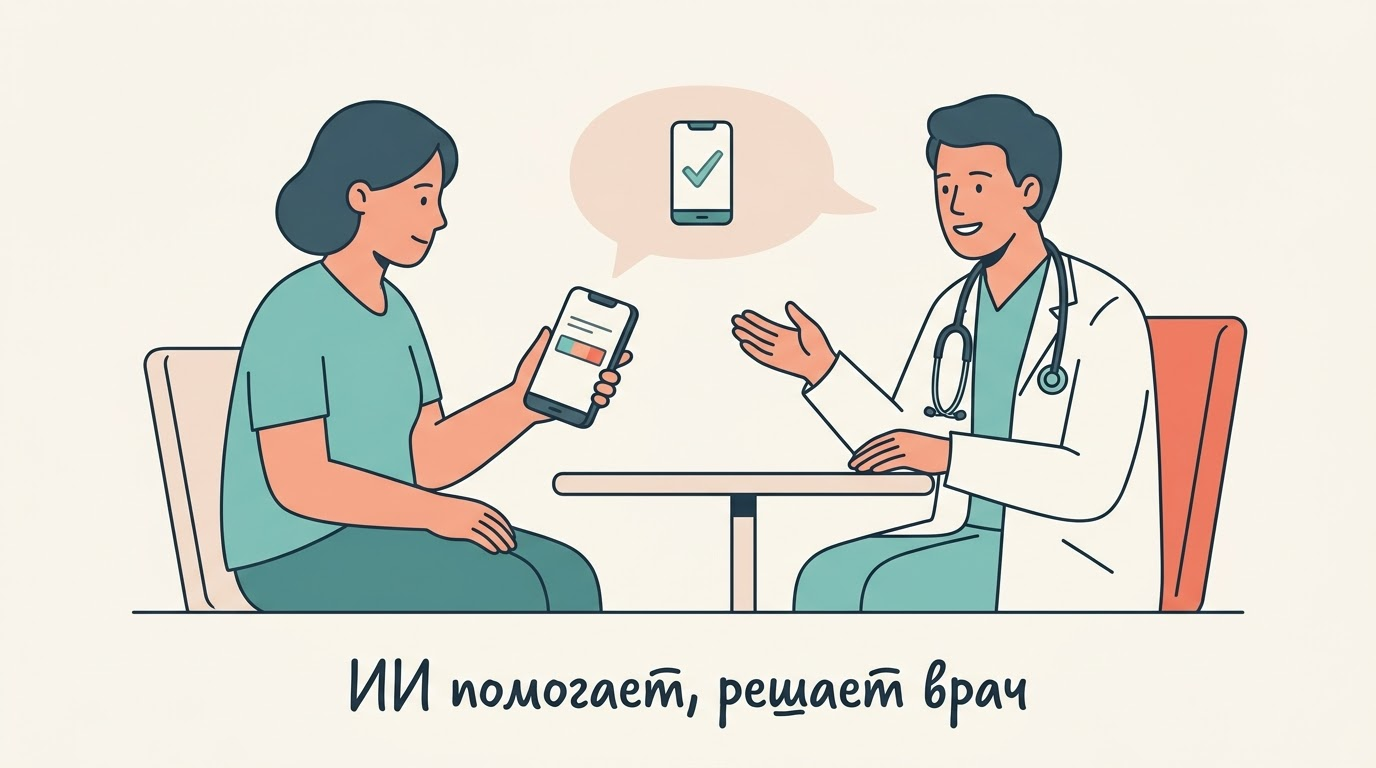 Пациент показывает врачу результат ИИ-проверки на телефоне