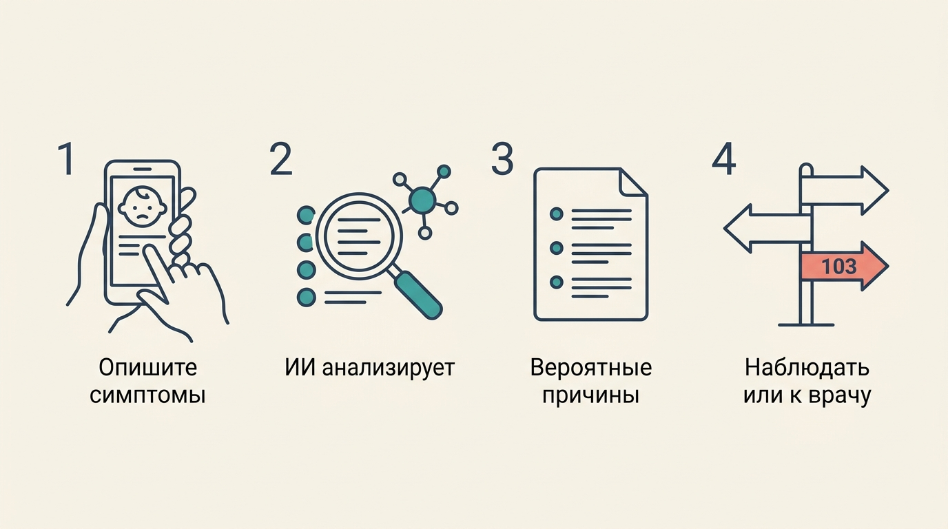 Как работает ИИ-педиатр: четыре шага от описания симптомов родителем до решения наблюдать дома или идти к врачу