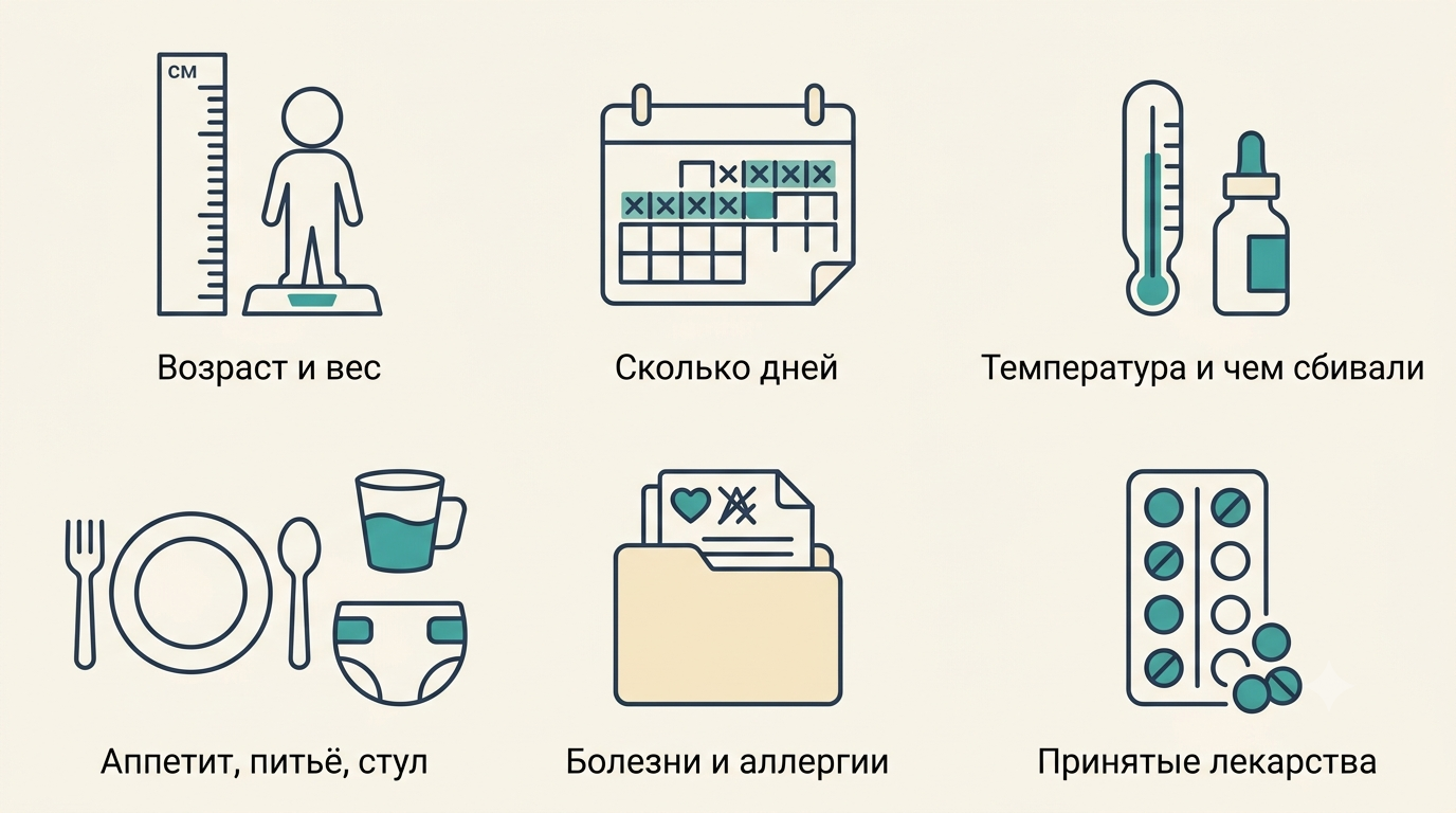 Что подготовить перед вопросом ИИ-педиатру: возраст и вес, сколько дней, температура, аппетит, болезни, лекарства