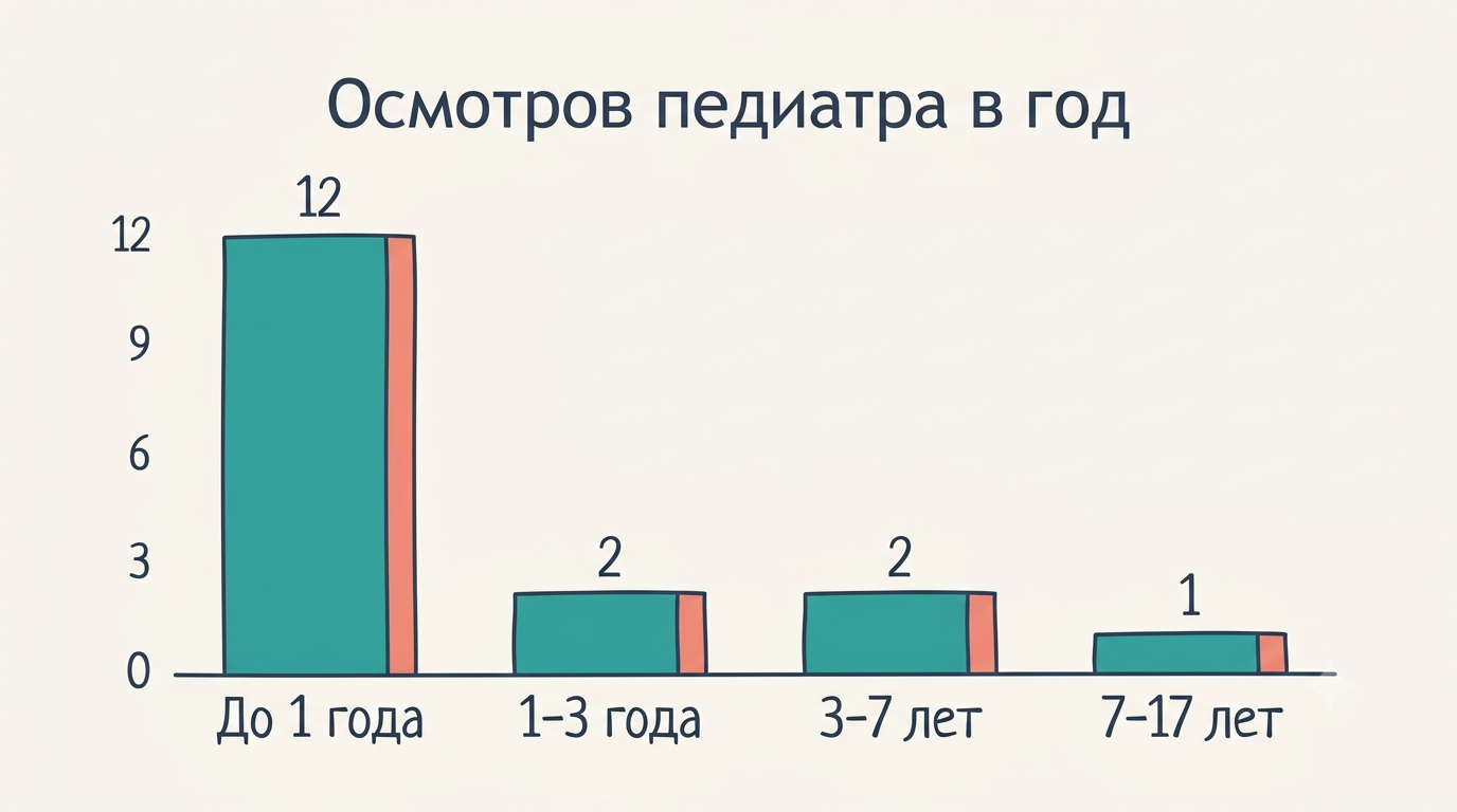 Число плановых осмотров педиатра в год по возрасту ребёнка: до 1 года — 12, 1–3 года — 2, 3–7 лет — 2, 7–17 лет — 1