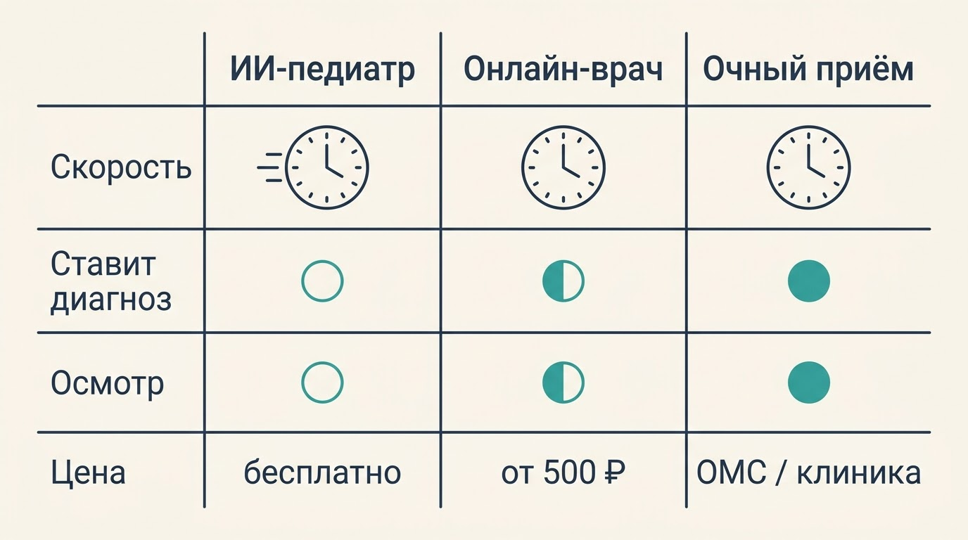 Сравнение ИИ-педиатра, онлайн-врача и очного приёма по скорости, постановке диагноза, осмотру и цене