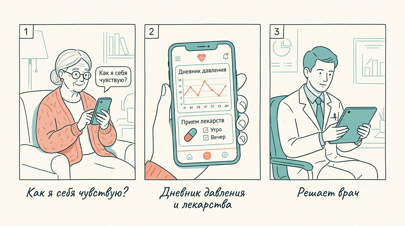 ΠΠ°ΠΊ ΡΠ°Π±ΠΎΡΠ°Π΅Ρ ΠΠ-Π²ΡΠ°Ρ Π΄Π»Ρ ΠΏΠΎΠΆΠΈΠ»ΠΎΠ³ΠΎ: Π²ΠΎΠΏΡΠΎΡ ΠΎ ΡΠ°ΠΌΠΎΡΡΠ²ΡΡΠ²ΠΈΠΈ, Π΄Π½Π΅Π²Π½ΠΈΠΊ Π΄Π°Π²Π»Π΅Π½ΠΈΡ ΠΈ Π»Π΅ΠΊΠ°ΡΡΡΠ², ΡΠ΅ΡΠ΅Π½ΠΈΠ΅ ΠΏΡΠΈΠ½ΠΈΠΌΠ°Π΅Ρ Π²ΡΠ°Ρ