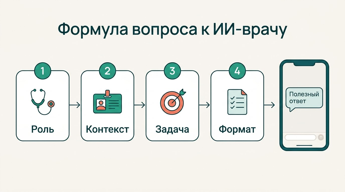 Схема формулы вопроса к ИИ-врачу из четырёх шагов