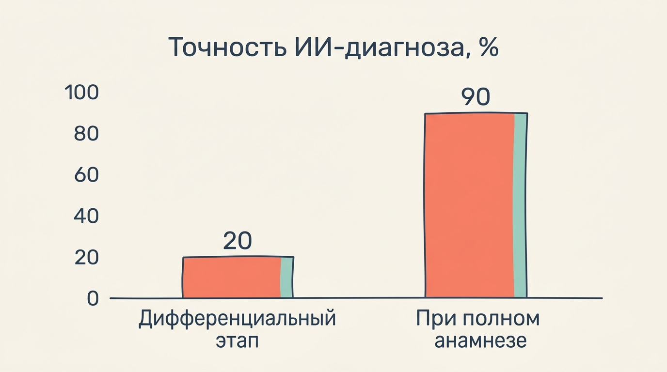 График точности ИИ-диагноза: 20% на дифференциальном этапе и 90% при полном анамнезе